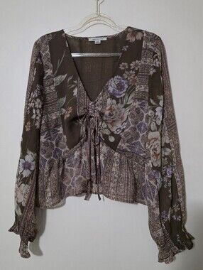AE Brown Floral Sheer Sleeve Tie Front Blouse Boho Hippie Peasant Sz Large